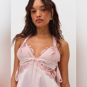 M NWT For Love & Lemons Hallie Pink Satin Slip Dress with Long Satin Ties - Rare